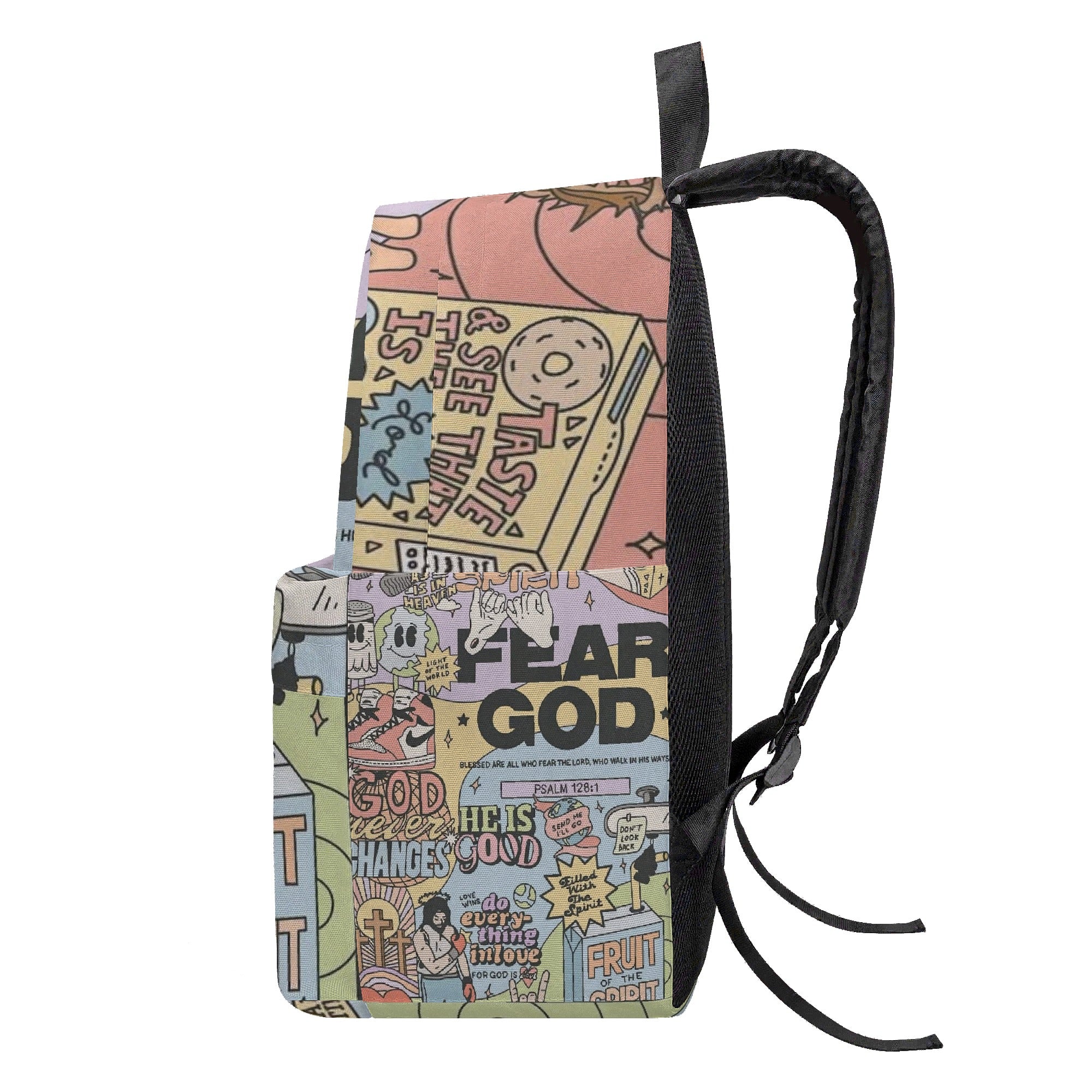 Fear God Christian Backpack, Bold Bible Verse Comic Book Style Bag, Faith Streetwear School Backpack, Religious Gift for Teens & Men.PLAF55